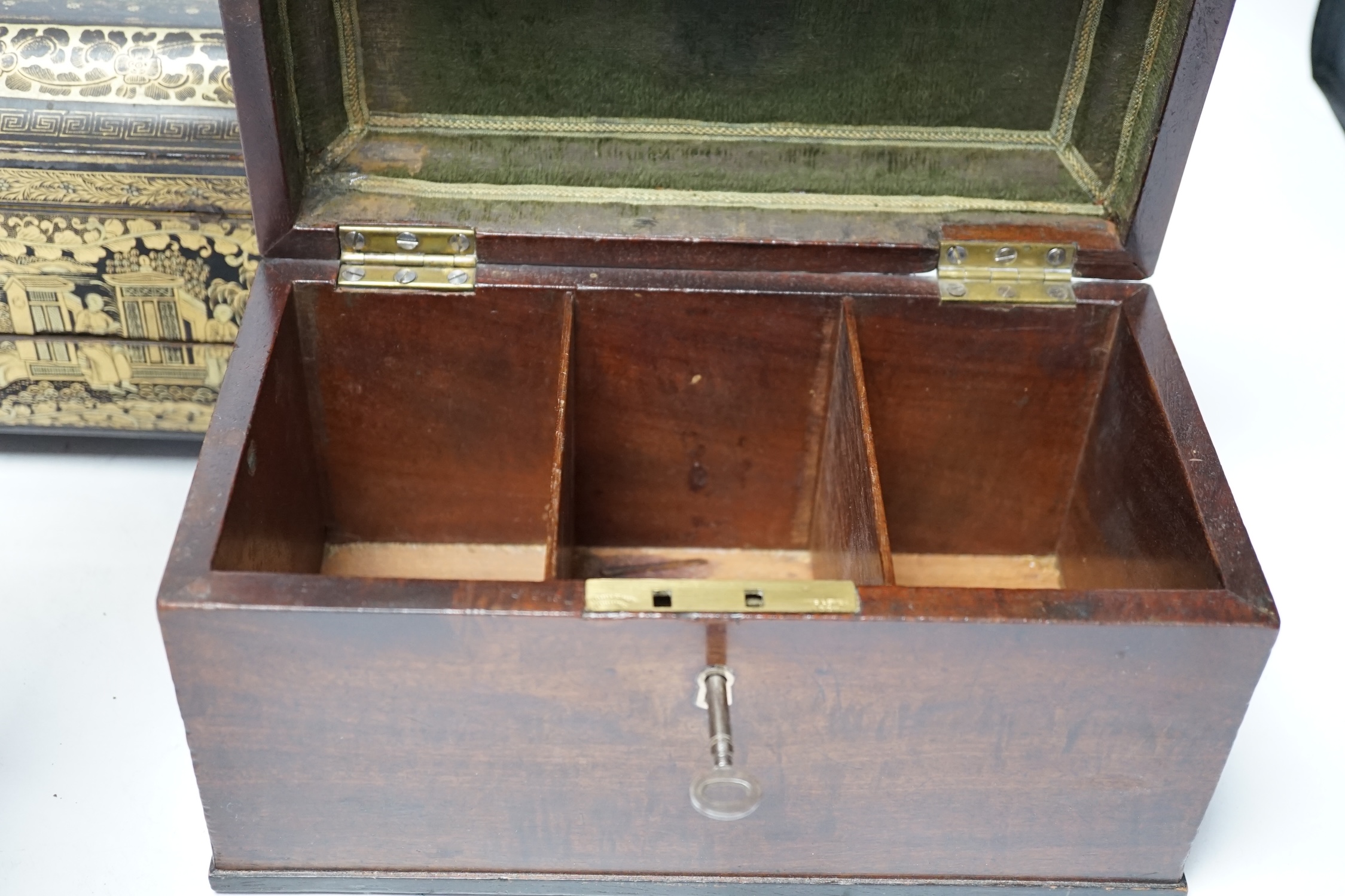 A mid 19th century Chinese export gilt decorated black lacquer work box and a George III mahogany tea caddy